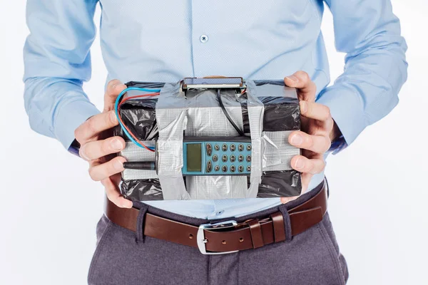 Hombre sosteniendo una bomba de tiempo. Fondo blanco aislado . — Foto de Stock