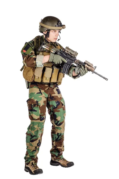 Contratista Militar Privado Sosteniendo Rifle Guerra Ejército Armas Tecnología Concepto — Foto de Stock