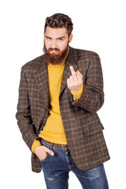Sakallı işadamı gösteren orta parmak portre. insani duygular ifade ve ofis, iş, teknoloji, finans ve Internet kavramı. görüntü izole beyaz arka plan.