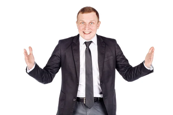 Mann hält zwei Hände vor sich und zeigt Größe auf weißem Hintergrund — Stockfoto
