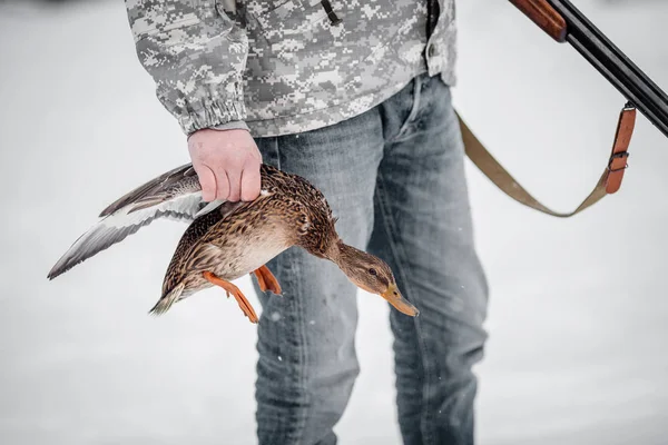 Hunter Camouflage Rifle Holding Duck Prey Winter Forest Hunt Concept — Stock Photo, Image
