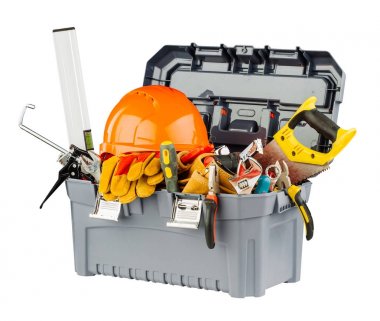 grey toolbox with orange helmet clipart