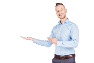 bir şey gösterilen metin veya ürün veya sunumu adam. insan 