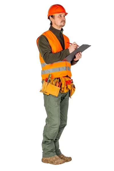 Constructor Masculino Trabajador Manual Escritura Del Casco Portapapeles Sobre Fondo — Foto de Stock