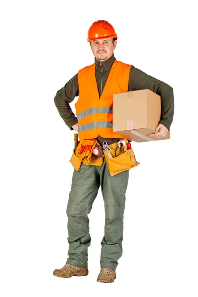 Constructor Masculino Trabajador Manual Celebración Del Casco Caja Cartón Móvil —  Fotos de Stock