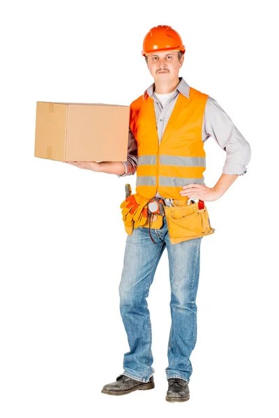 Constructor masculino o trabajador manual en la celebración del casco y la tarjeta móvil — Foto de Stock