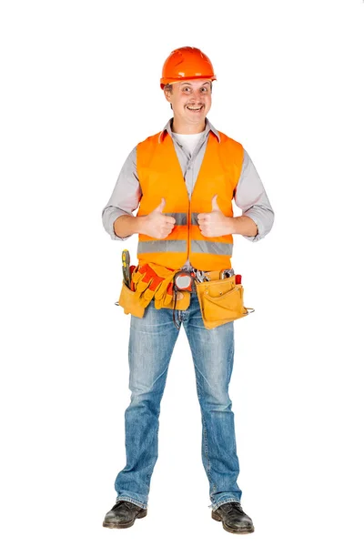 Builder in a helmet gesturing with two thumbs up — Stock Photo, Image