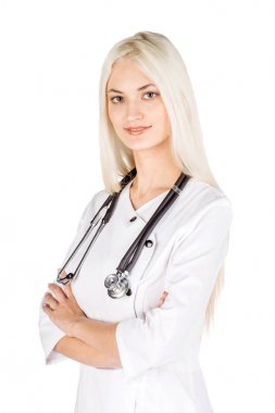 kadın doktor stetoskop üzerinde beyaz bir arka plan ile