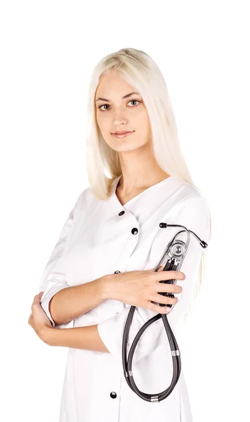 Médico femenino con estetoscopio sobre fondo blanco — Foto de Stock