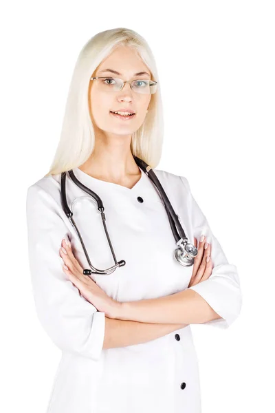 Médecin femme avec stéthoscope sur fond blanc — Photo