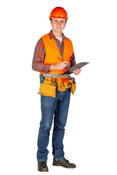 Ganzkörperporträt eines männlichen Bauunternehmers mit Helm über weißem — Stockfoto