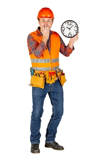 Full length portrait of a male builder in a helmet  over white w — Stock Photo, Image