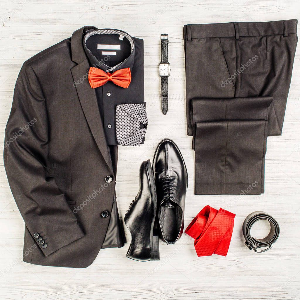 luxury men fashion set: jacket, shirt, trousers, belt, tie, butt