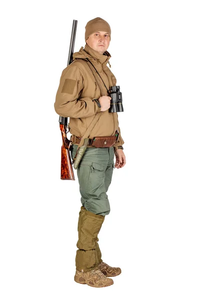 Retrato Completo Cazador Masculino Con Escopeta Doble Cañón Aislado Sobre —  Fotos de Stock