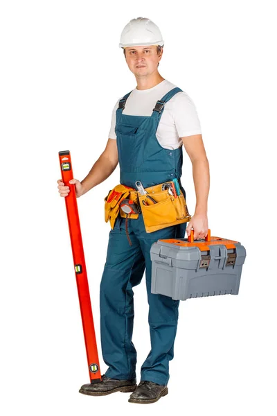 Bauarbeiter mit Helm und Werkzeugkiste — Stockfoto