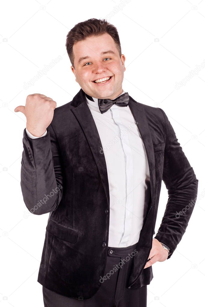businessman  looking and pointing finger  gesture . happiness, g