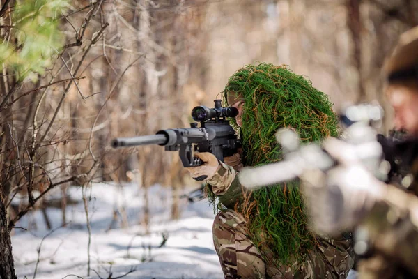 Group Special Forces Weapons Cold Forest Winter Warfare Military Concept — Stock Photo, Image