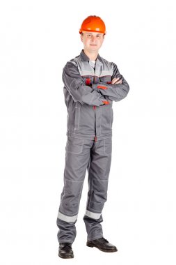 erkek Oluşturucusu'nda bir kask ile çapraz kol ve kameraya bakıyor