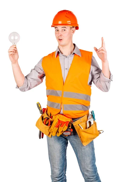 Retrato de um construtor masculino em com capacete sobre backgr parede branca — Fotografia de Stock