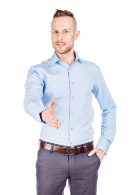 Sakallı işadamı bir el sıkışma için yardım eder. insani duygular