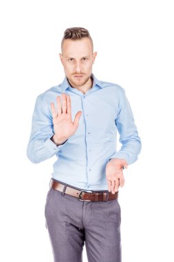 iş adamı eliyle dur işareti yapmak. duygu ve insanların konsantrasyon