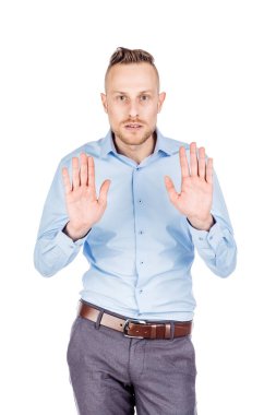 iş adamı eliyle dur işareti yapmak. duygu ve insanların konsantrasyon