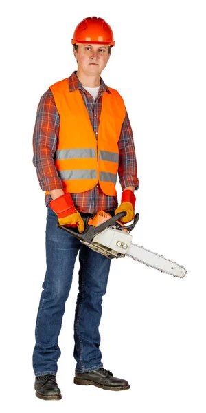 Ganzkörperporträt eines männlichen Holzfällers. Reparatur, Bau, Gebäude, Menschen und Wartungskonzept. — Stockfoto