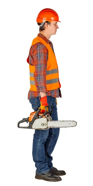 Retrato de comprimento total de um construtor masculino em um capacete laranja com c — Fotografia de Stock