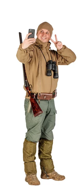 Full Length Portrait Male Hunter Double Barreled Shotgun Isolated White — Stock Photo, Image