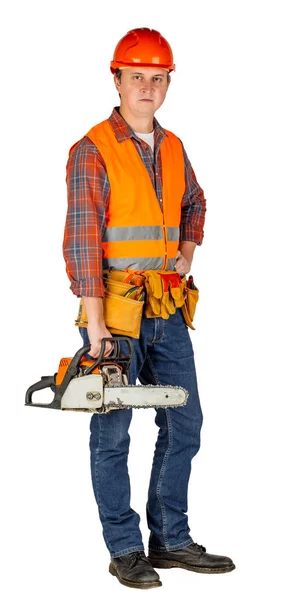 Construction Worker Helmet Toolbox Looking Camera White Background Repair Construction — Stock Photo, Image