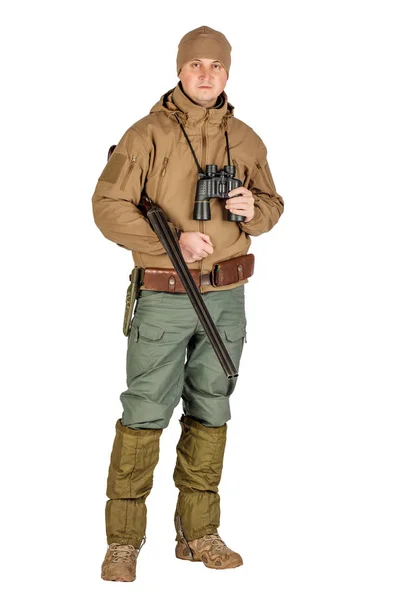 Retrato Completo Cazador Masculino Con Escopeta Doble Cañón Aislado Sobre — Foto de Stock