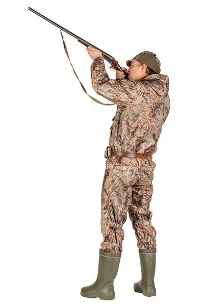 Full Length Portrait Male Hunter Double Barreled Shotgun Isolated White — Stock Photo, Image