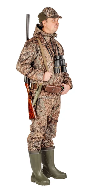 Ganzkörperporträt Eines Männlichen Jägers Mit Doppelläufiger Schrotflinte Isoliert Auf Weißem — Stockfoto