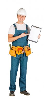 adam ayakta klasör içinde ve beyaz bir arka plan üzerine yazma. İnsanlar ve duygusal kavramı