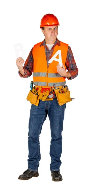 Retrato Comprimento Total Construtor Masculino Capacete Sobre Fundo Parede Branco — Fotografia de Stock