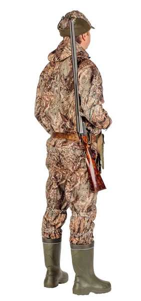 전체 길이 흰색 바탕에 두 번 질주 산탄총 격리는 남자 사냥꾼의 초상화. 사냥과 사람들 개념. — 스톡 사진