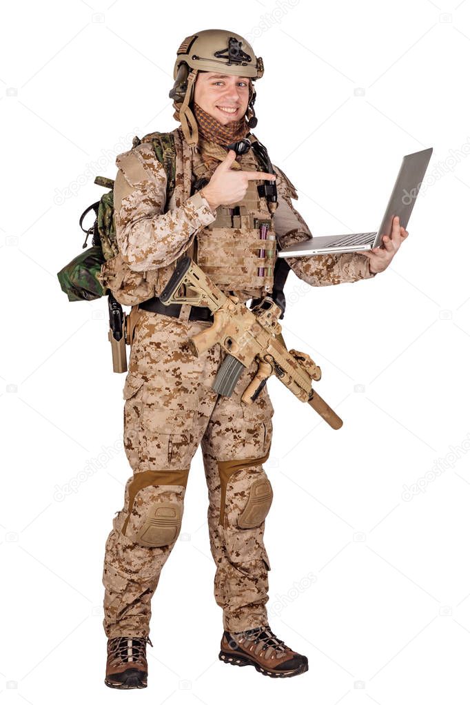 Soldier with laptop on white background. army, military and people concept