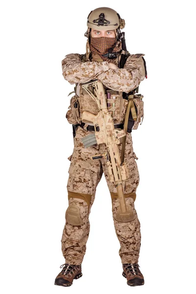 Special forces soldier with rifle on white background. army, military and people concept — Stock Photo, Image