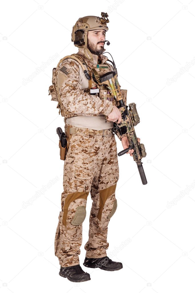 American soldier with rifle on white background. army, military and people concept