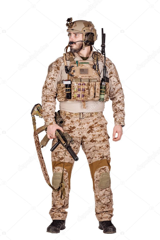 American soldier with rifle on white background. army, military and people concept