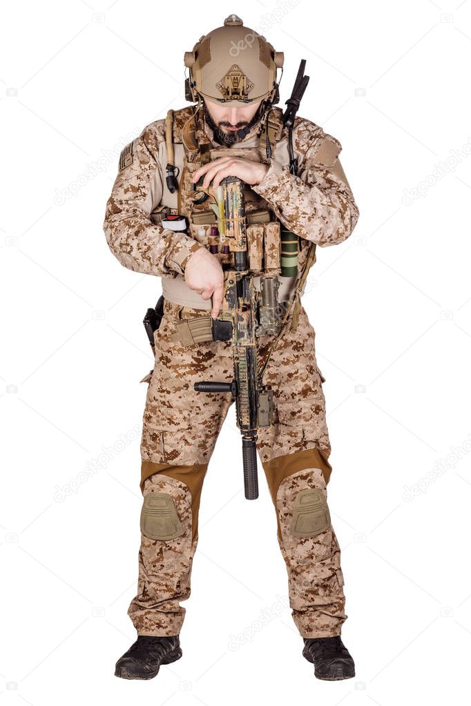 American soldier with rifle on white background. army, military and people concept