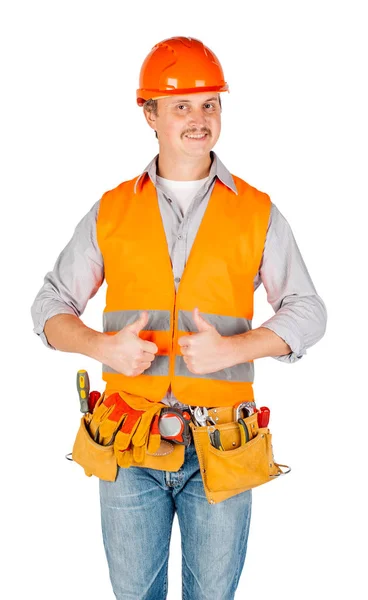 Builder Helmet Gesturing Two Thumbs Looking Camera White Wall Background — Stock Photo, Image