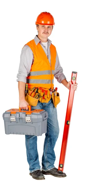 Bouwvakker Een Helm Met Toolbox Camera Kijken Witte Muur Achtergrond — Stockfoto