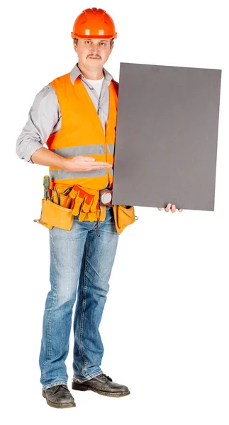 Construtor Masculino Trabalhador Manual Capacete Com Banner Branco Branco Sobre — Fotografia de Stock