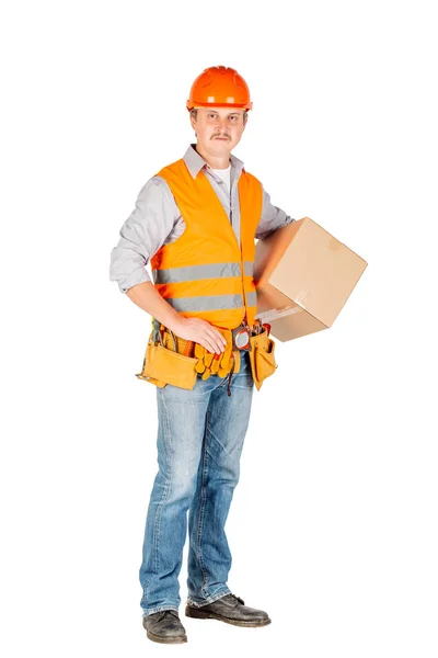 Mannelijke Bouwer Arbeider Helm Houden Kartonnen Doos Bewegen Witte Achtergrond — Stockfoto