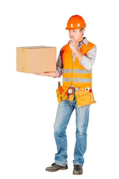 Male Builder Manual Worker Helmet Holding Moving Cardboard Box White — Stock Photo, Image