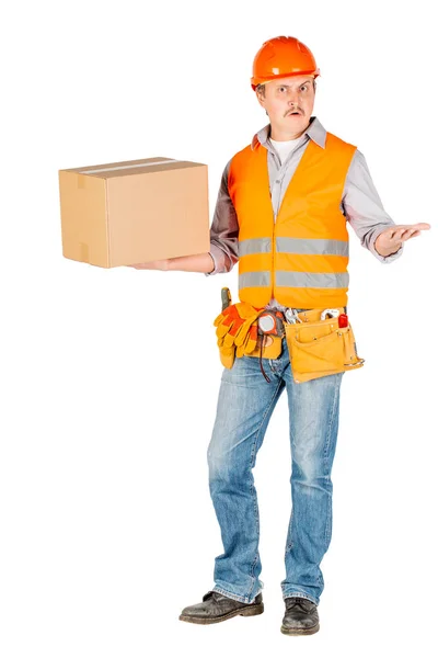 Constructor Masculino Trabajador Manual Celebración Del Casco Caja Cartón Móvil — Foto de Stock