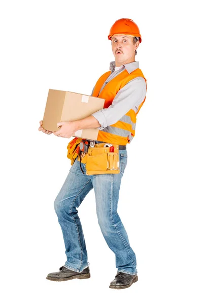 Männlicher Bauarbeiter Oder Handwerker Helmhalterung Und Beweglicher Pappschachtel Auf Weißem — Stockfoto