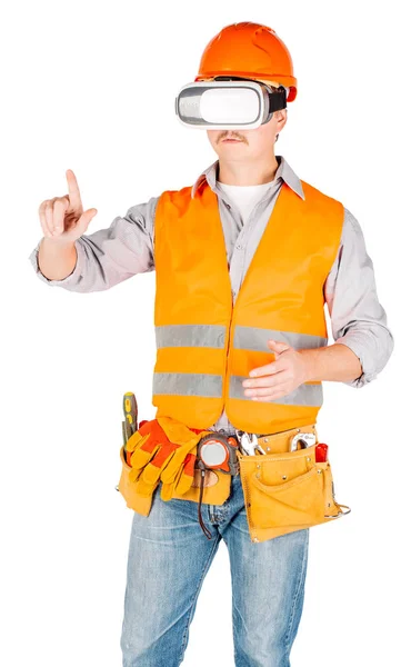 Builder in a helmet wearing futuristic vr glasses — Stock Photo, Image