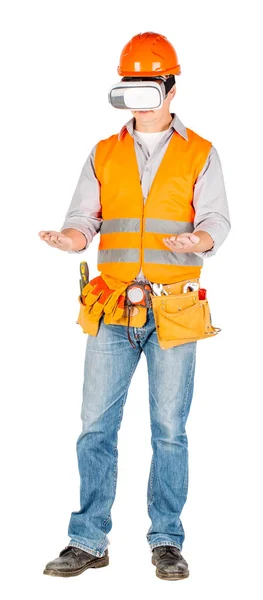 Builder Helmet Wearing Futuristic Glasses White Wall Background Repair Construction — Stock Photo, Image